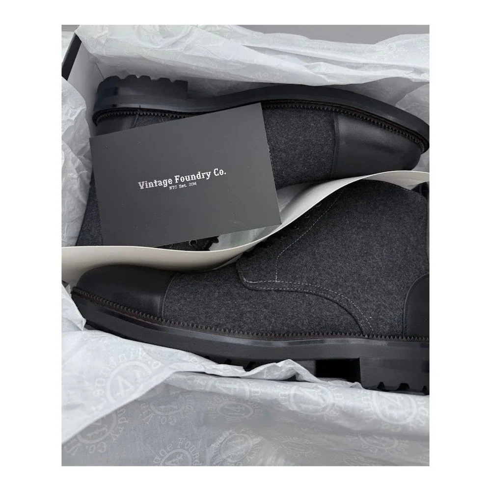 Vintage Foundry Co Remington‎ Black Leather Grey Wool Size 10 Cap Toe Boots  NIB